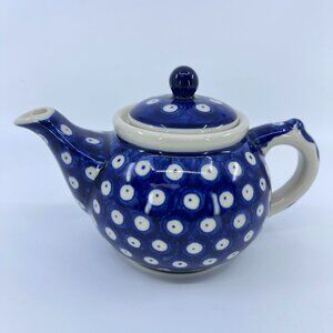 vintage polish pottery individual teapot peacock eye pattern hand painted 15 oz
